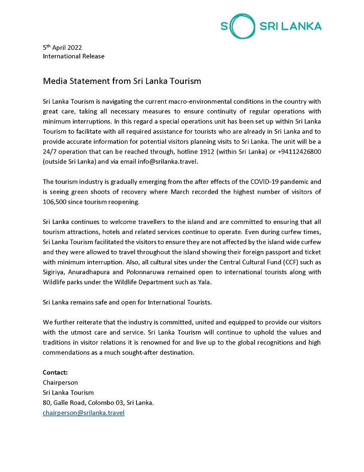 Media Statement from Sri Lanka Tourism 5th April 2022
