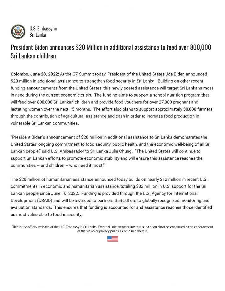 President Biden announces 20 Million in additional assistance to feed over 800000 Sri Lankan children U.S. Embassy in Sri Lanka